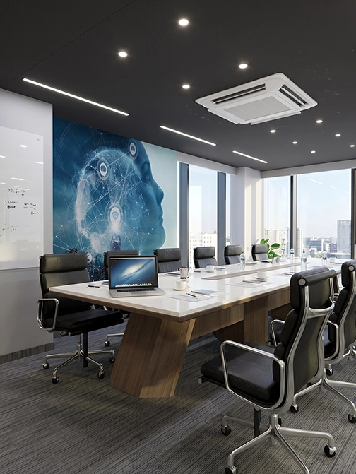 A considered financial-services workspace — biophilic detailing, controlled visitor sequence, disciplined finish allocation